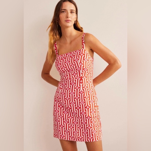 Boden Strappy Linen A-Line Mini Dress in Blood Orange Azure Geo Size 4 - Picture 1 of 6
